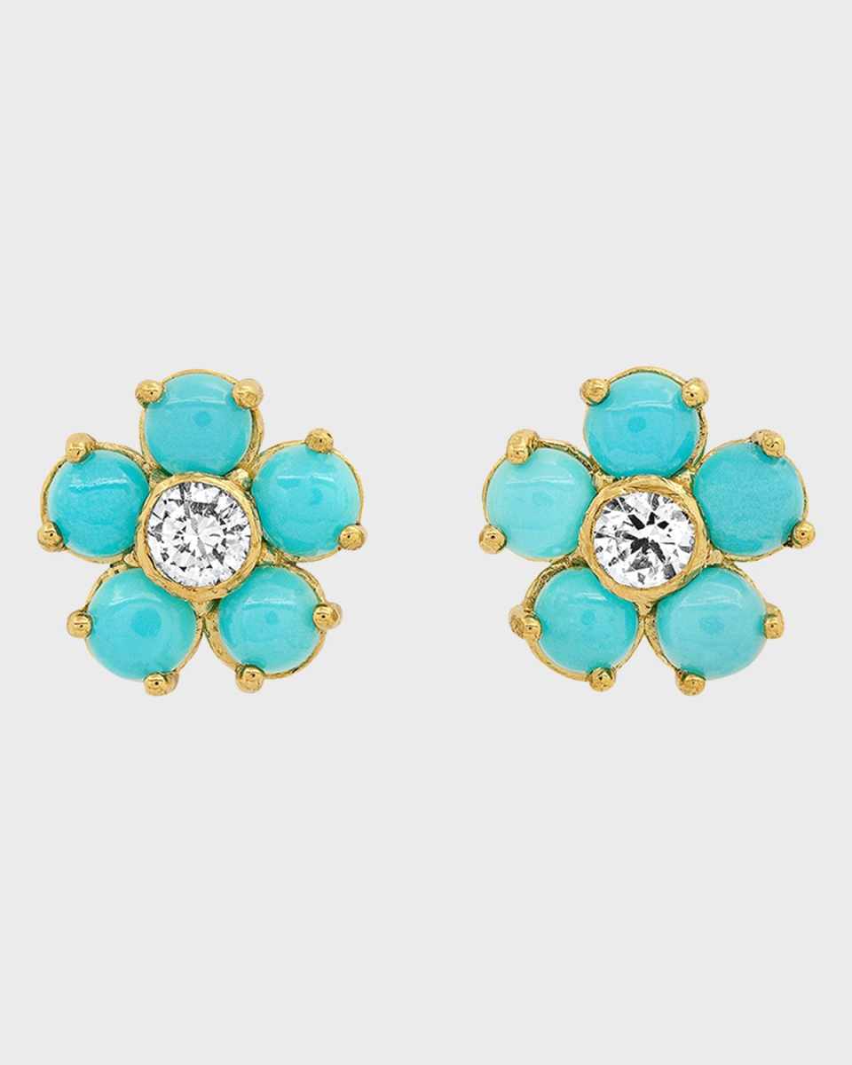 Large Diamond Center Flower Stud Earrings with Turquoise