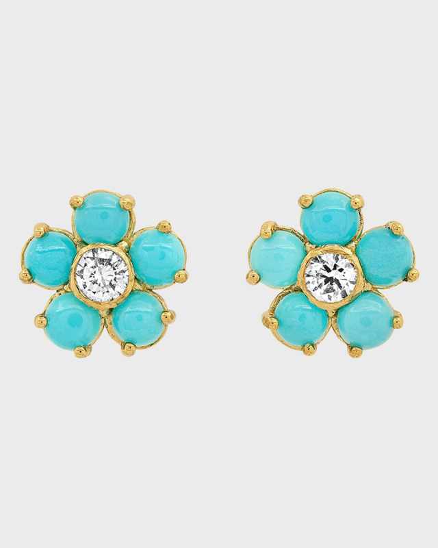 Large Diamond Center Flower Stud Earrings with Turquoise