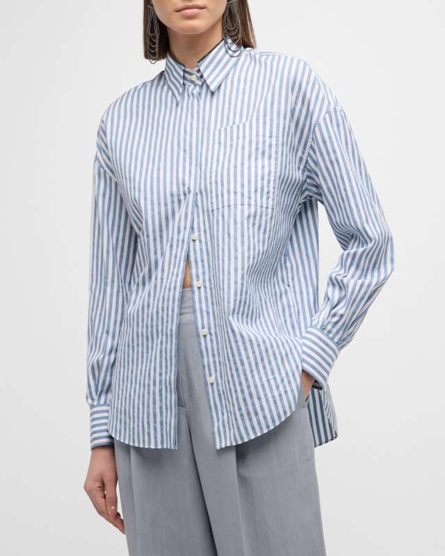 Striped Button-Front Blouse with Monili Tri