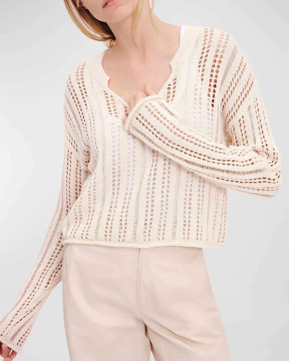 Cotton and Linen Open-Knit V-Neck Sweater