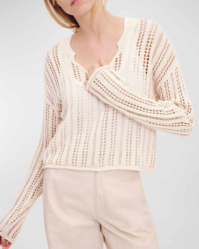 Cotton and Linen Open-Knit V-Neck Sweater