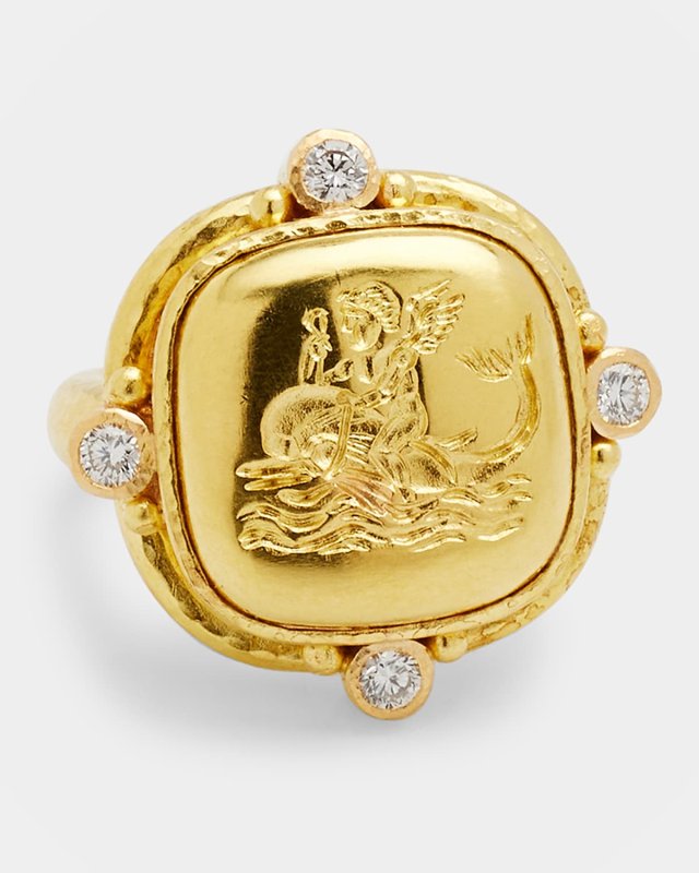 19K Cupid on Dolphin Cushion Ring, Size