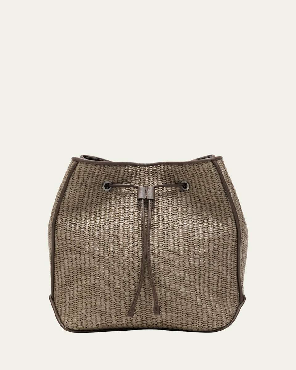 Medium Drawstring Raffia & Leather Crossbody Bag