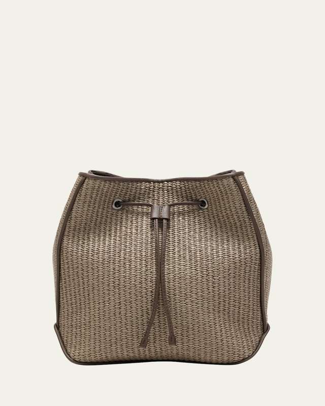 Medium Drawstring Raffia & Leather Crossbody Bag