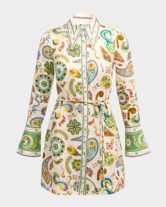Arcade Paisley Linen Tie-Belt Mini Dress