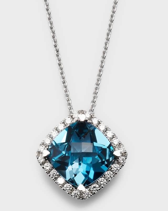 Rocks 18K White Gold Petite Cushion Cut London Blue Topaz and Diamond Halo Pendant Necklace