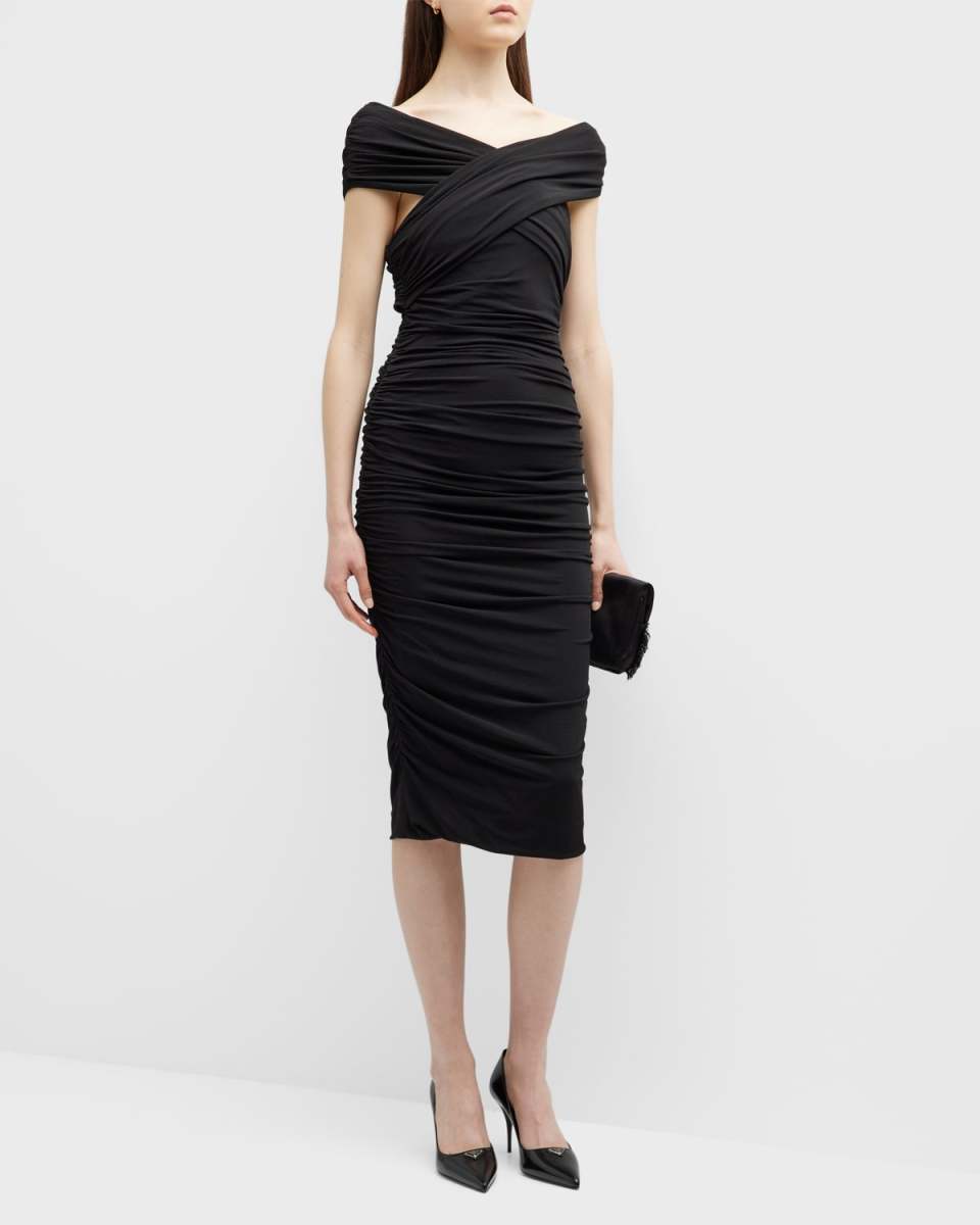 Off-The-Shoulder Ruched Jersey Midi Dress