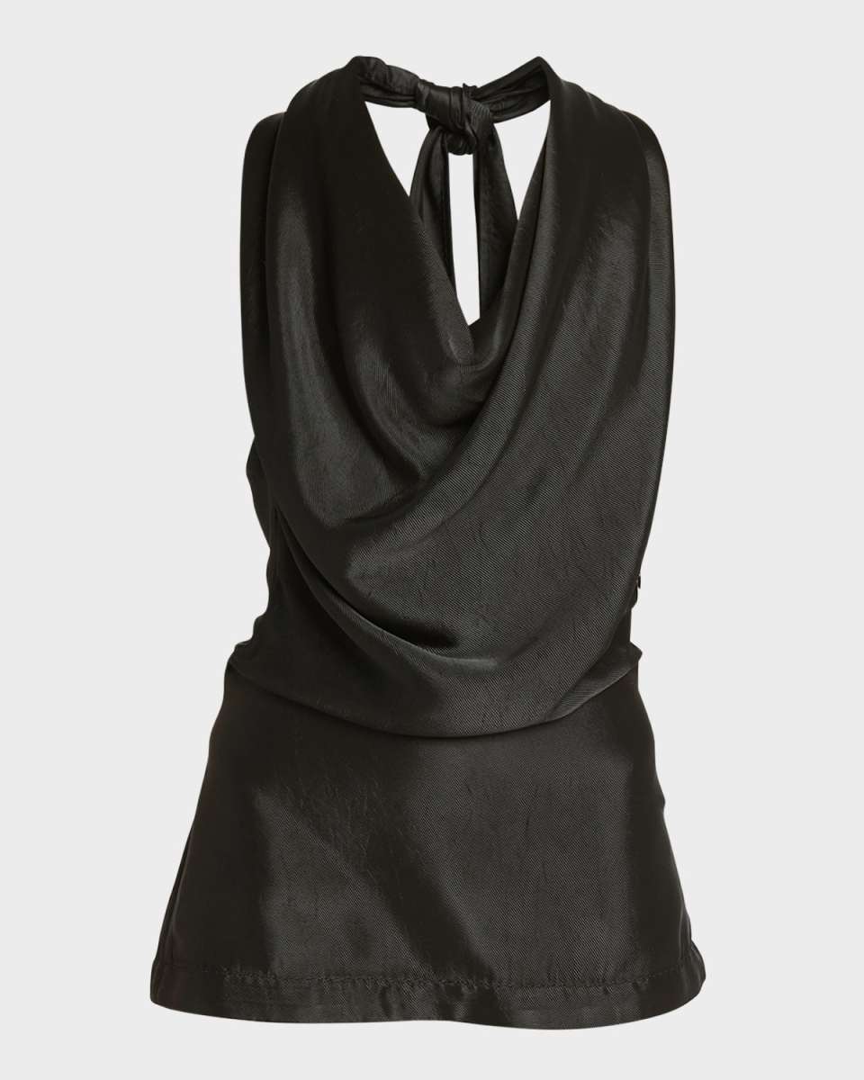 Draped Cowl-Neck Fluid Twill Halter Top