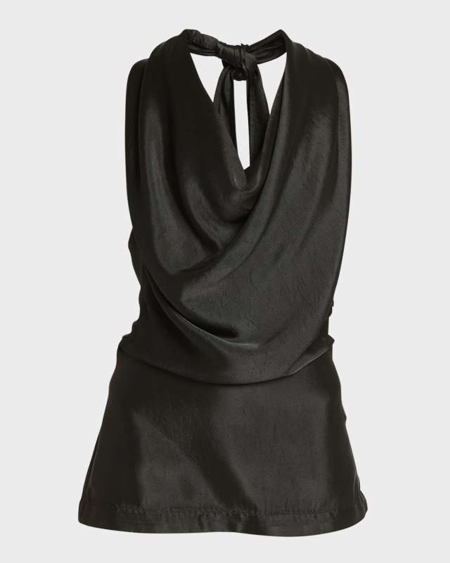 Draped Cowl-Neck Fluid Twill Halter Top