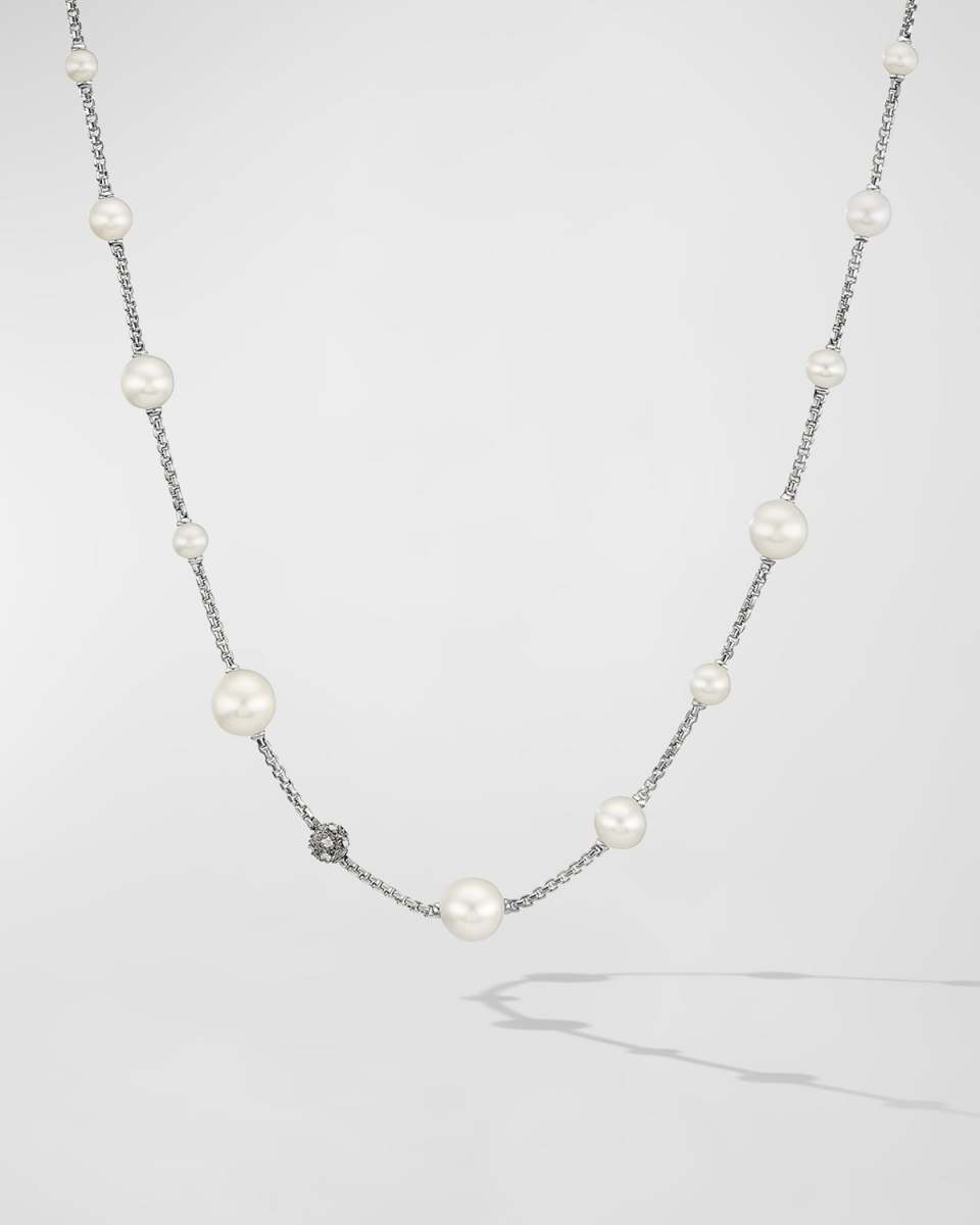 Pearl and Pave Necklace with Diamonds in Silver, 2mm