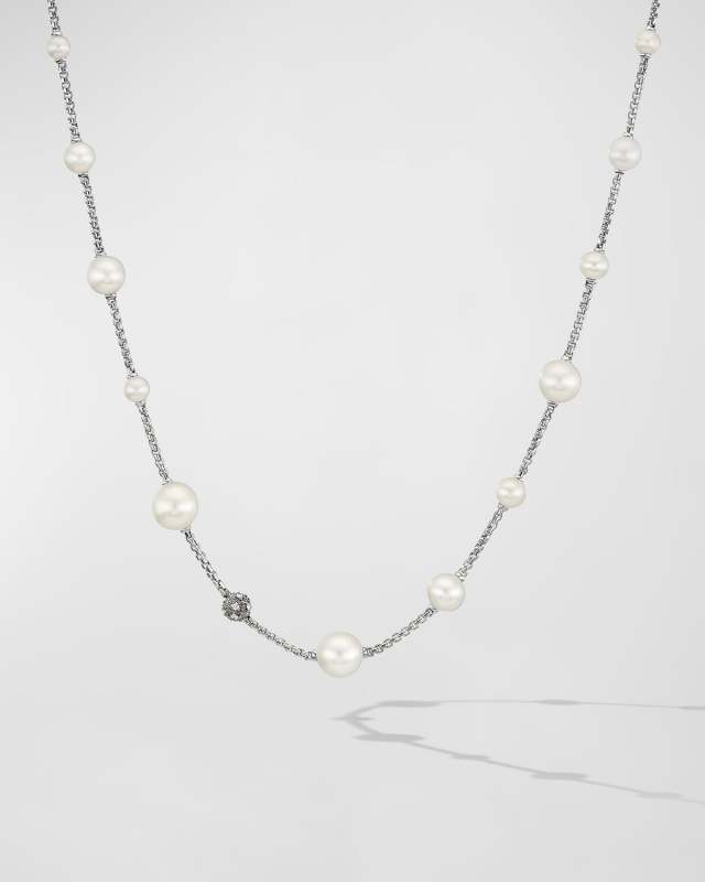 Pearl and Pave Necklace with Diamonds in Silver, 2mm