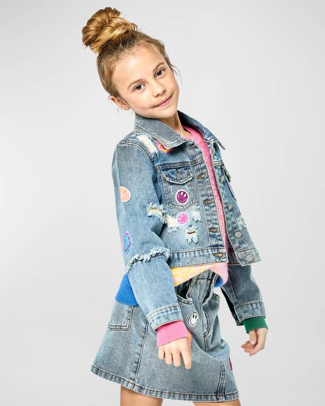 Girl's Denim Jacket With Multicolor Patches, Size 4-14