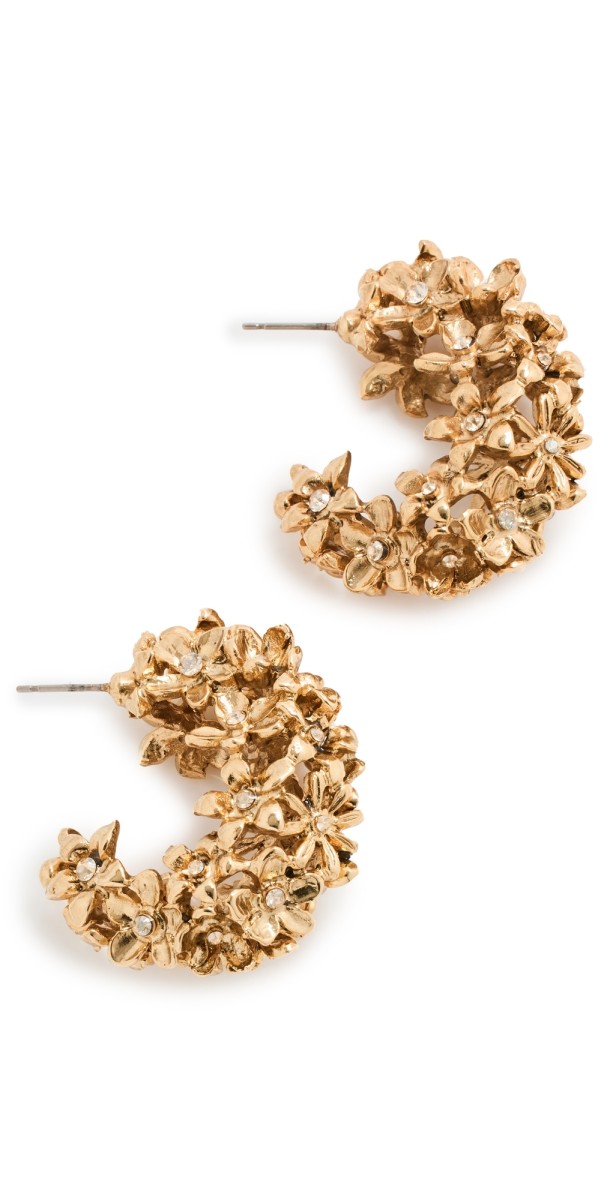 Oscar de la Renta Metal Flower Cluster Hoop Earrings Gold