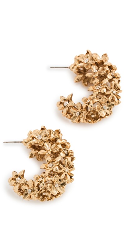 Oscar de la Renta Metal Flower Cluster Hoop Earrings Gold