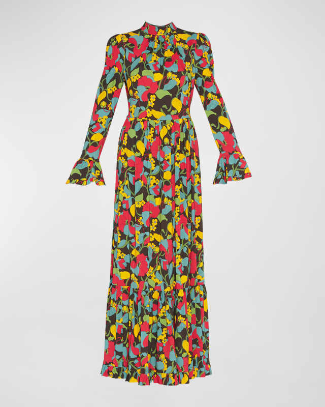 Visconti Floral-Print Puff-Sleeve Tiered Maxi Dress