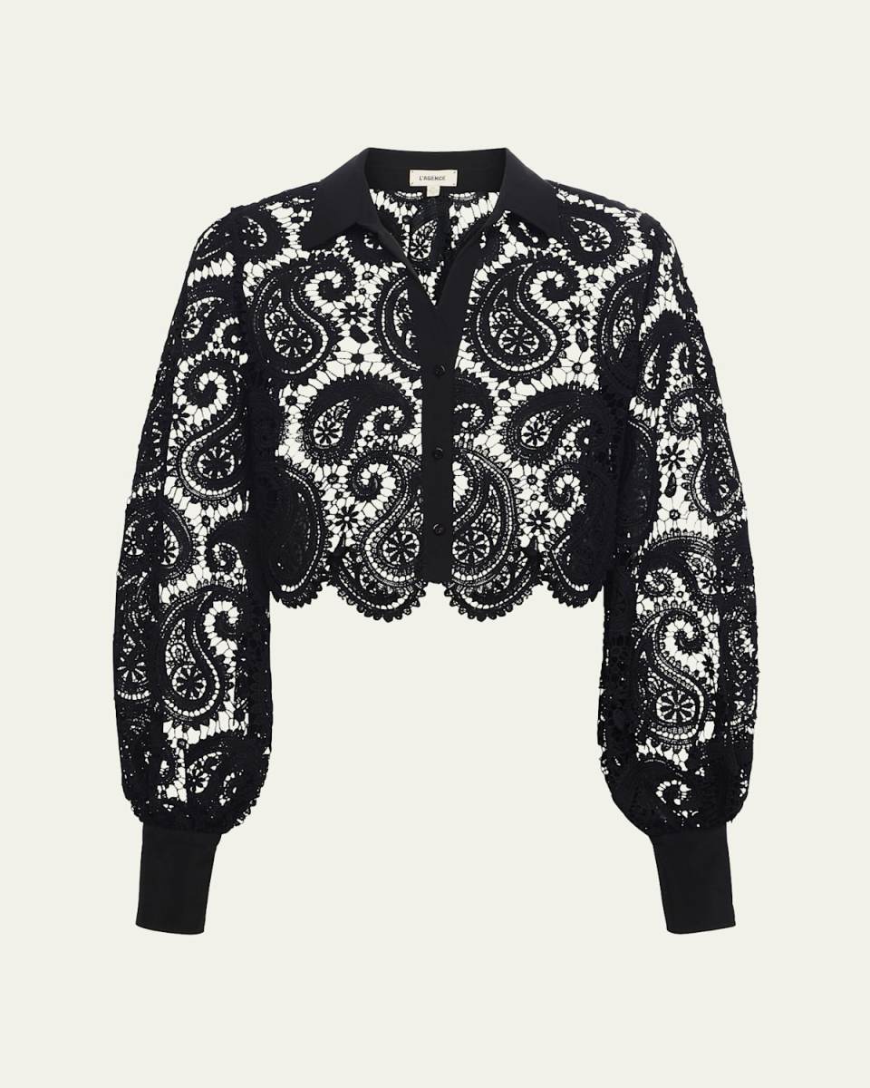 Odelia Paisley Lace Cropped Button-Front Blous