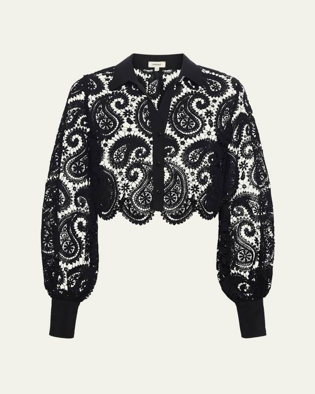 Odelia Paisley Lace Cropped Button-Front Blous