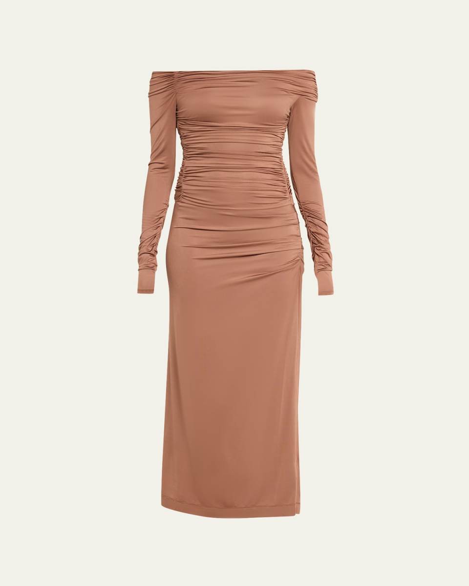 Ruched Long-Sleeve Jersey Maxi Dress