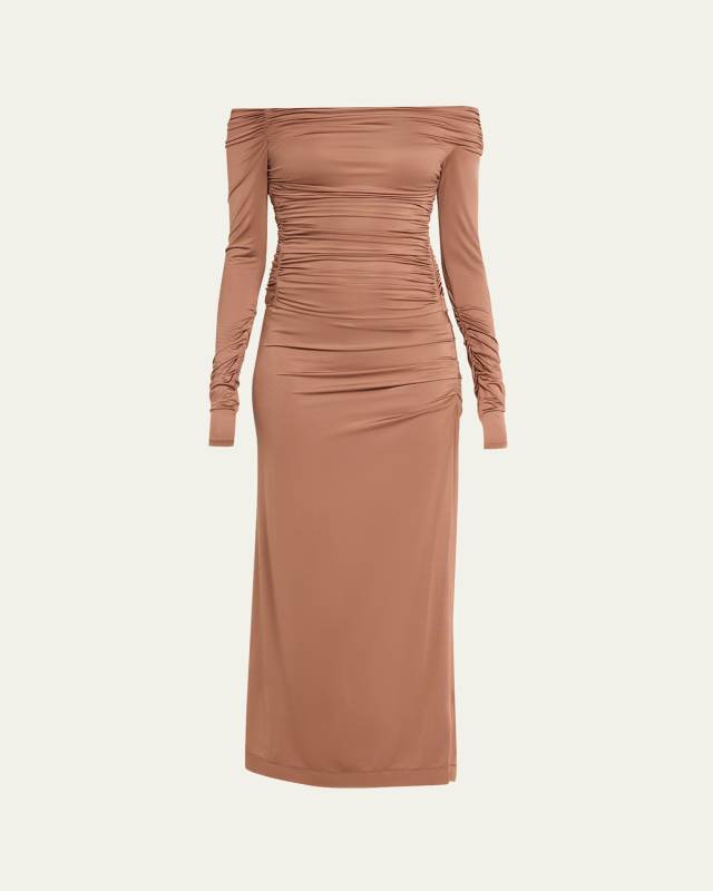 Ruched Long-Sleeve Jersey Maxi Dress