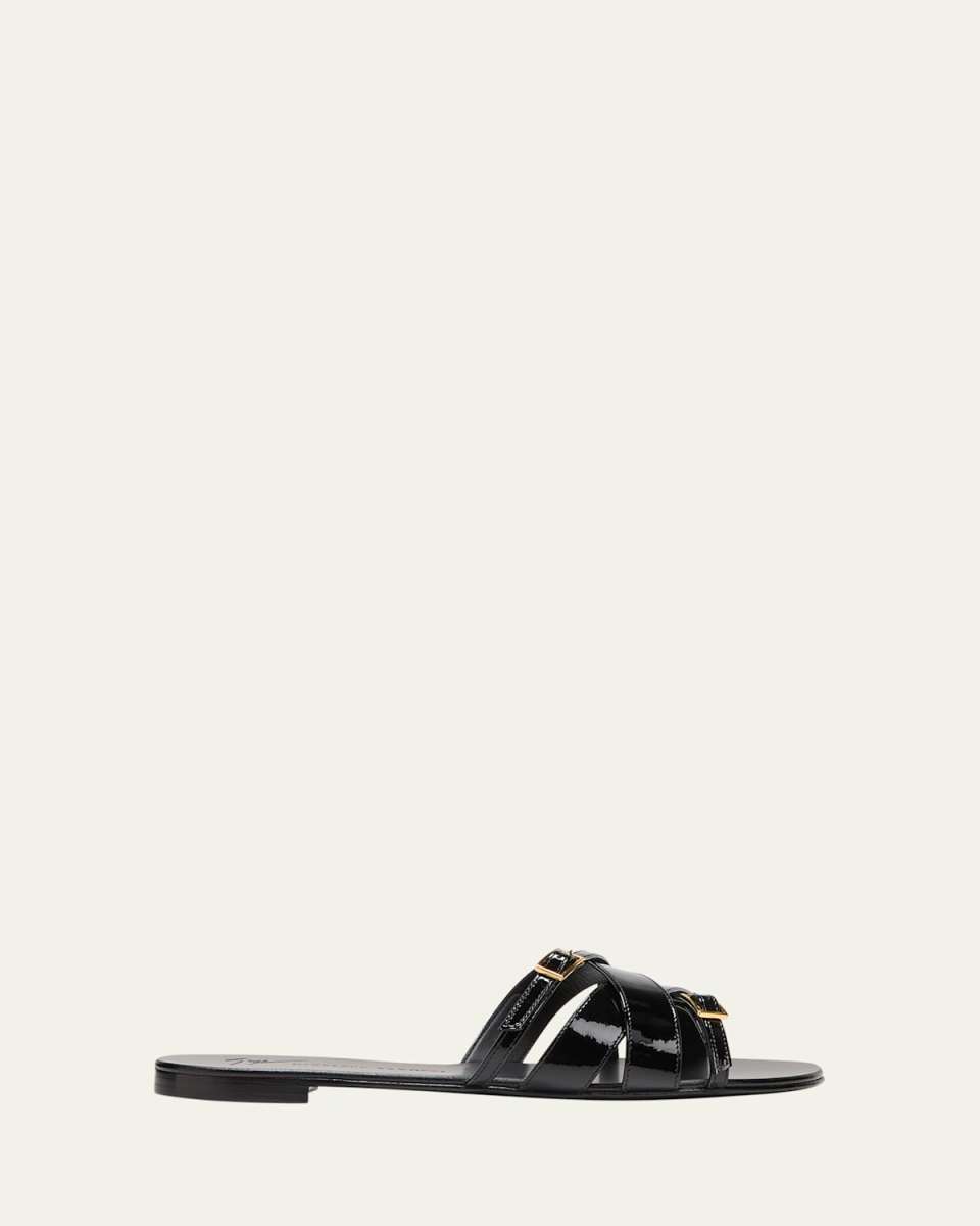 Patent Multi Buckle Flat Slide Sandals