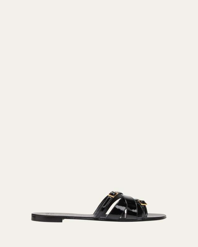 Patent Multi Buckle Flat Slide Sandals
