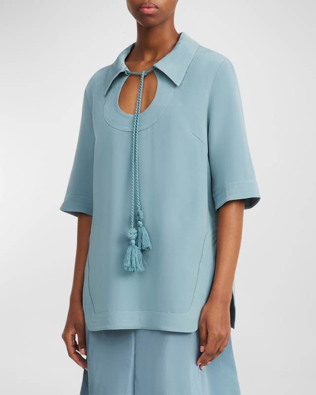 Brittiny Tie-Neck Topstitched Blouse