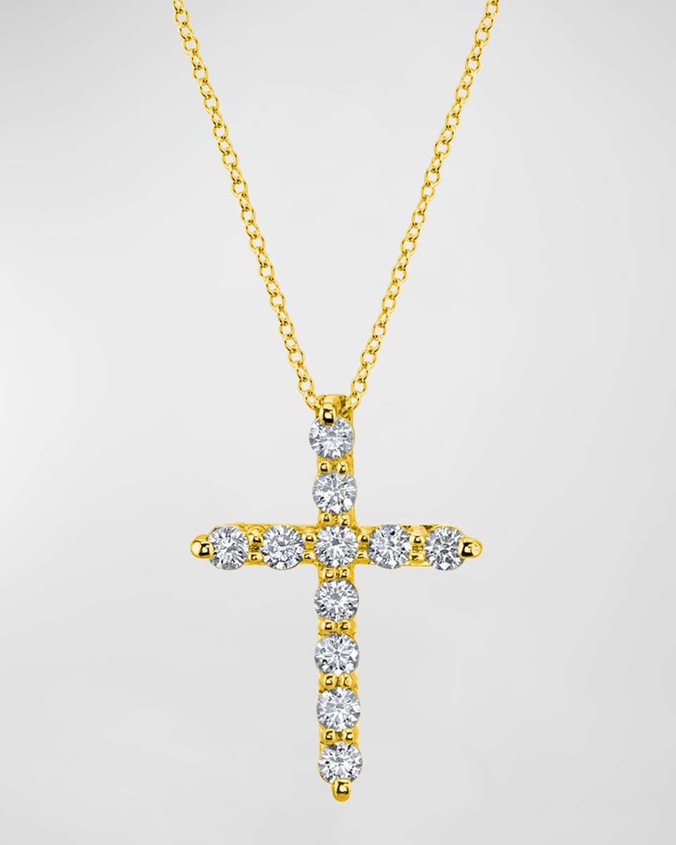 18K Gold 11-Stone Shared Prong Round Diamond Cross Necklace, 16"L, 0.50tcw