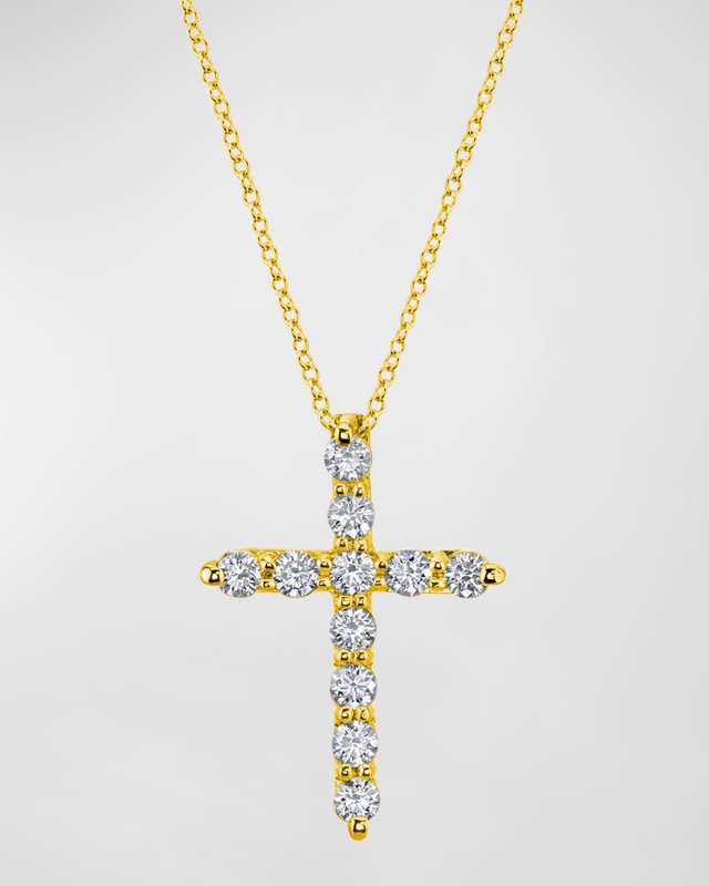 18K Gold 11-Stone Shared Prong Round Diamond Cross Necklace, 16"L, 0.50tcw