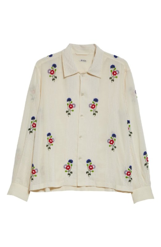 Bode Beaded Wildflower Long Sleeve Cotton Button-Up Shirt