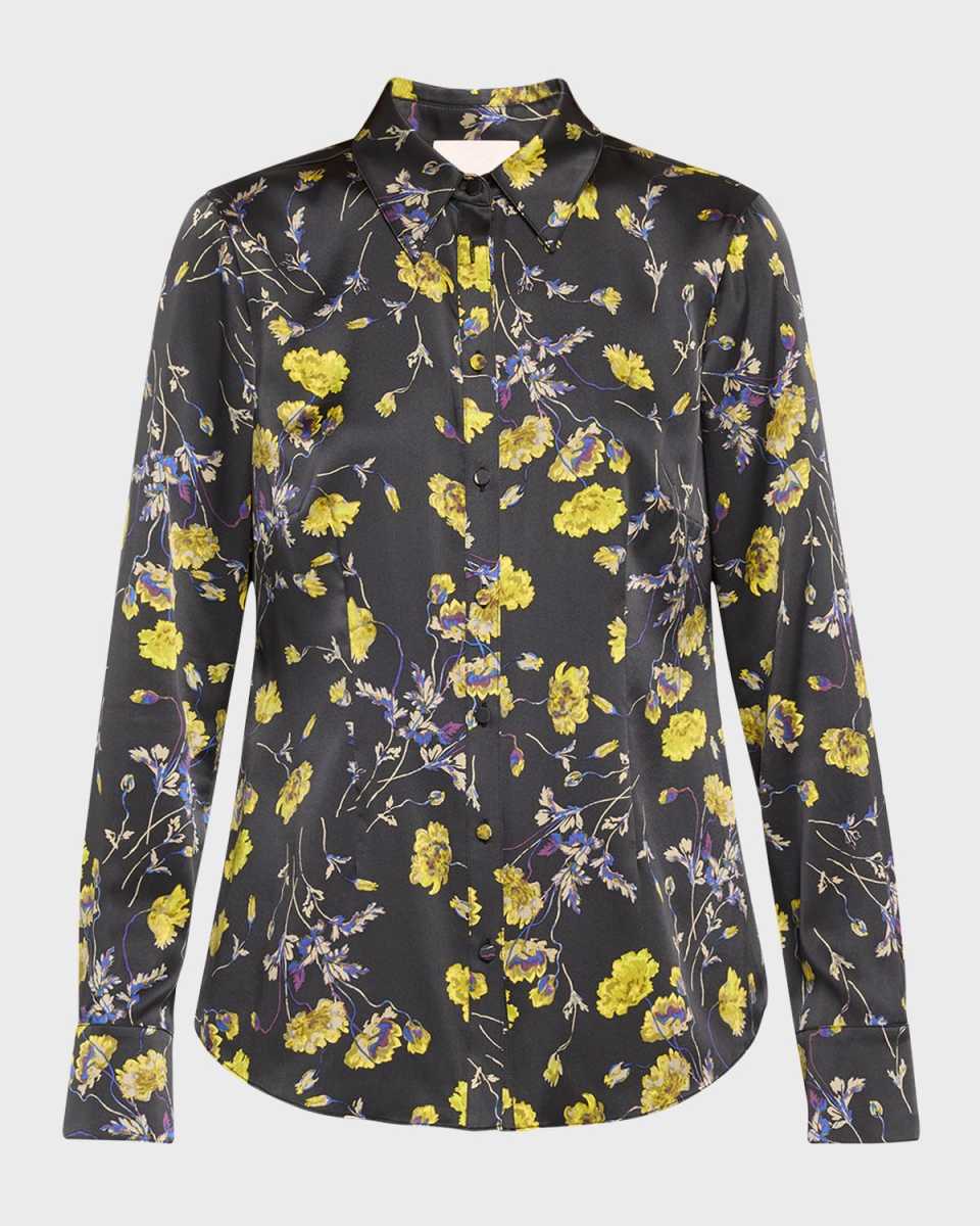 Falling Poppies Petra Stretch Silk Button-Front Top