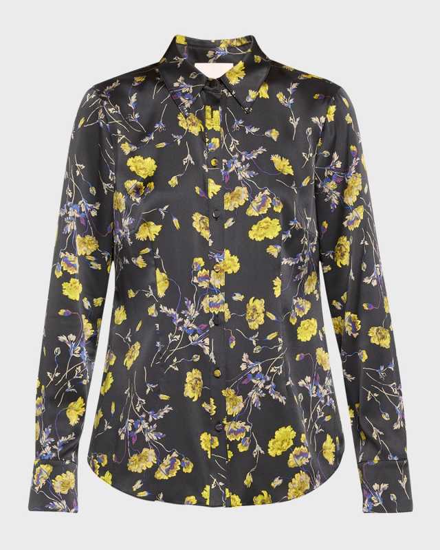 Falling Poppies Petra Stretch Silk Button-Front Top