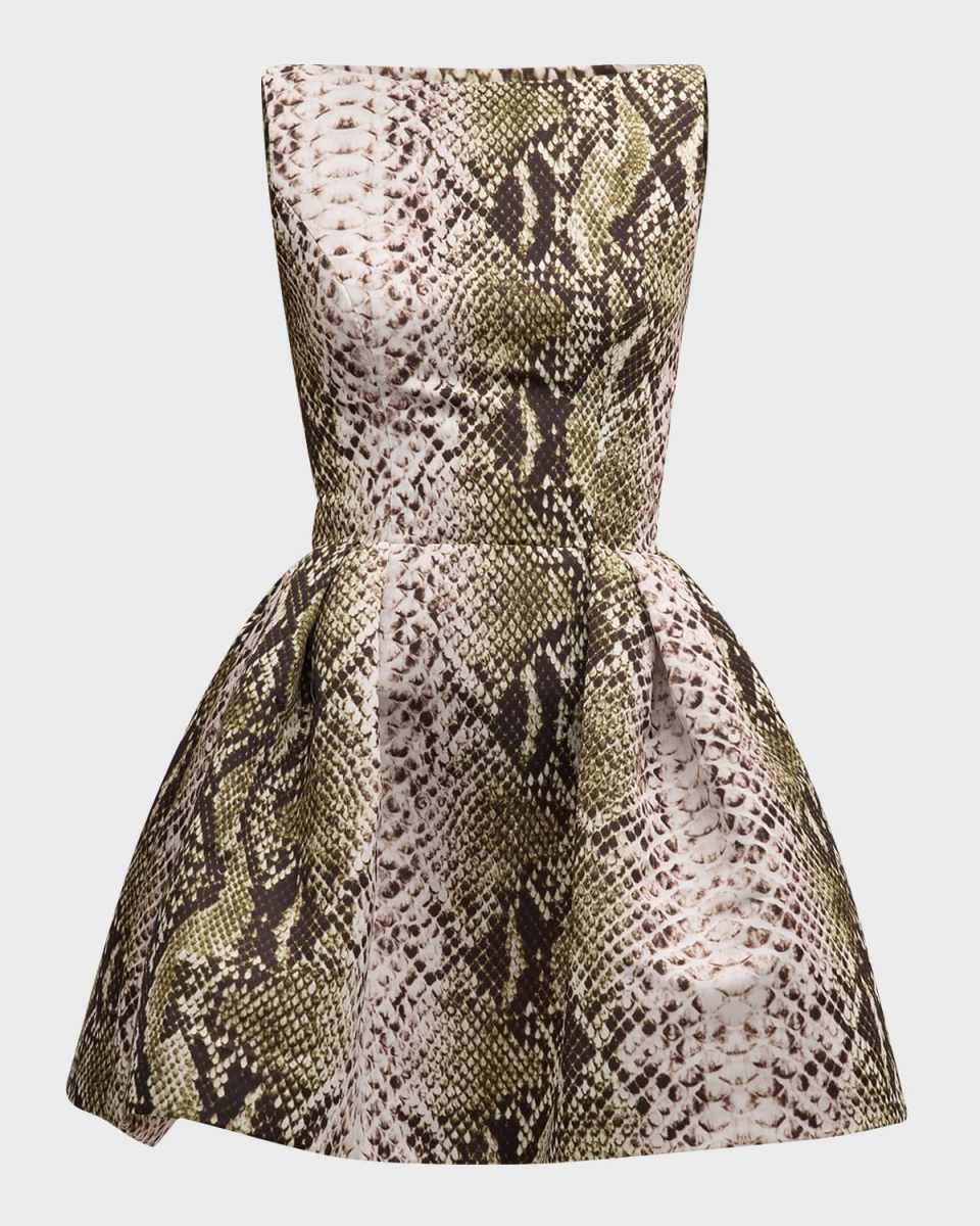 Bateau-Neck Snake-Print Faille Sleeveless Mini Dress