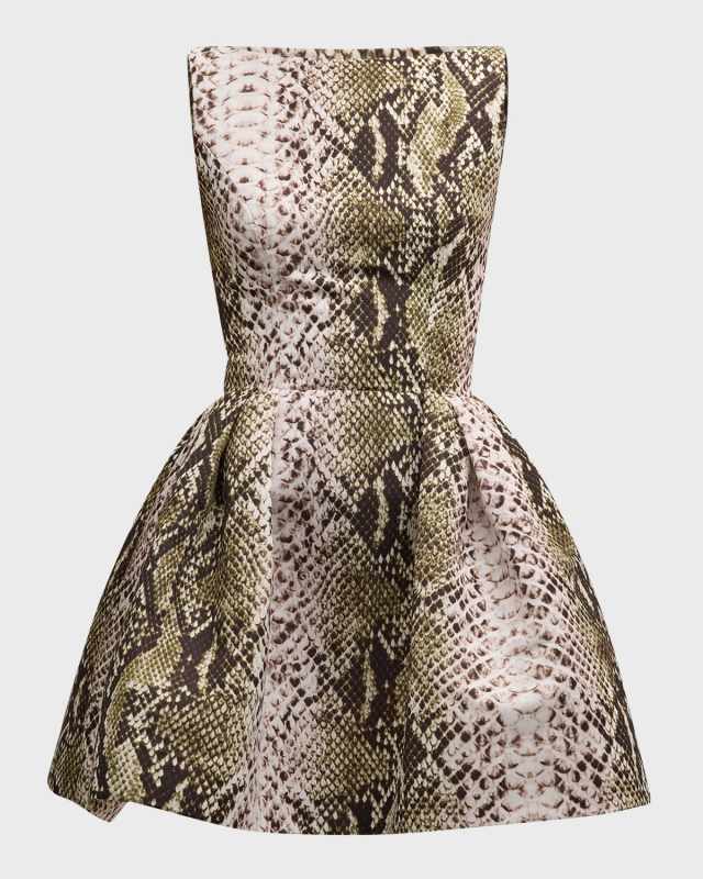 Bateau-Neck Snake-Print Faille Sleeveless Mini Dress