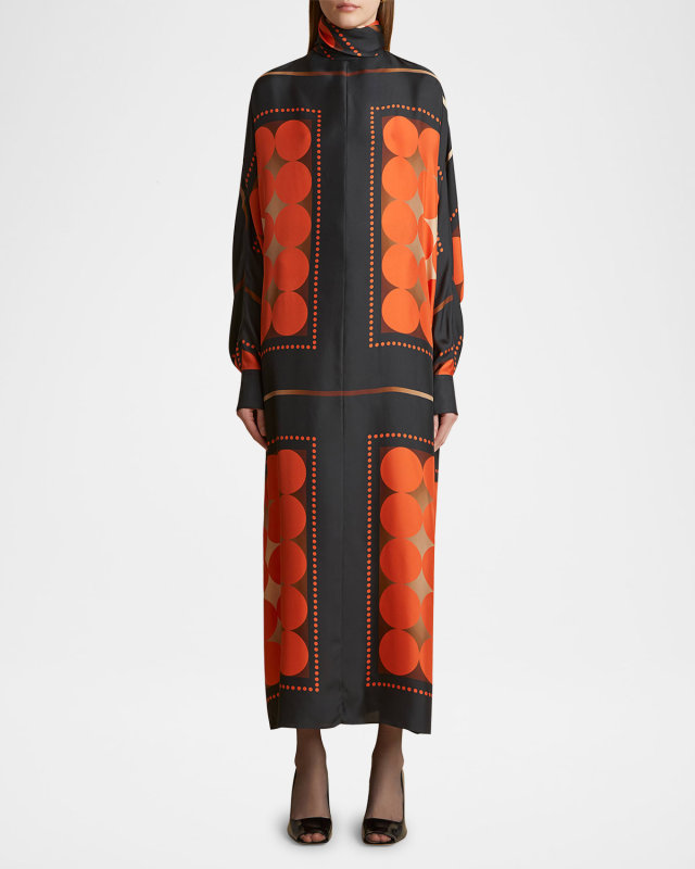 Lexi Scarf-Neck Long-Sleeve Maxi Silk Dress