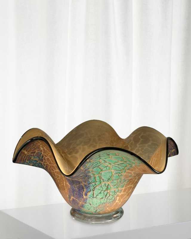 Crackle Ruffle Hand-Blown Art Glass Bowl