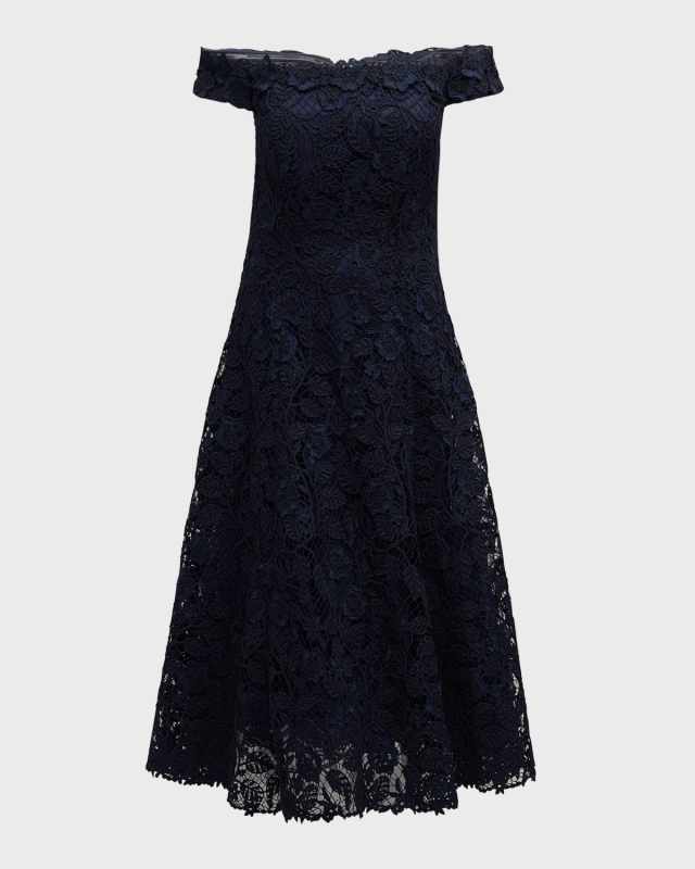 Off-Shoulder Floral Lace Midi Dress