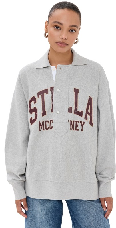 Stella McCartney Varsity Logo Cotton Polo Sweatshirt Light Grey Melange