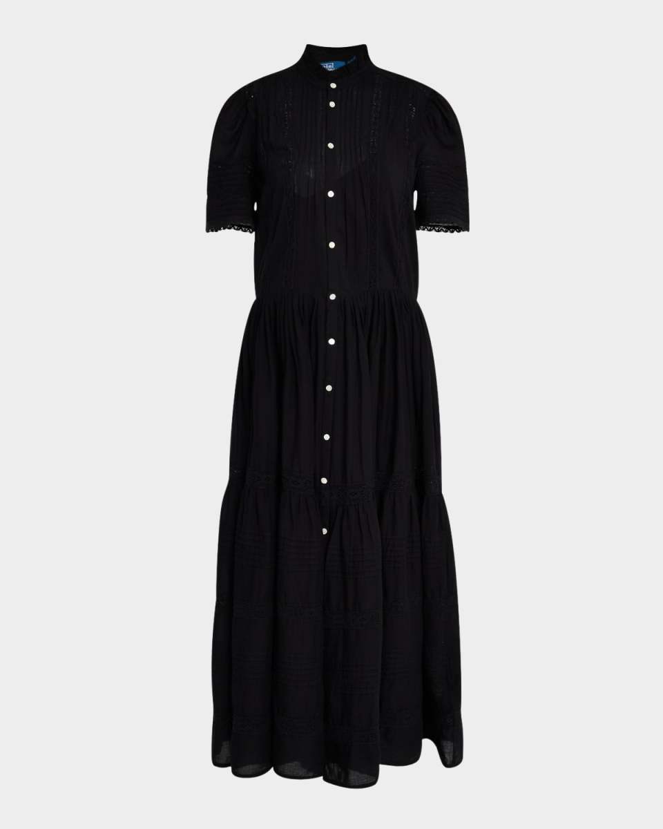 Pleated Lace-Trim Cotton Voile Midi Dress