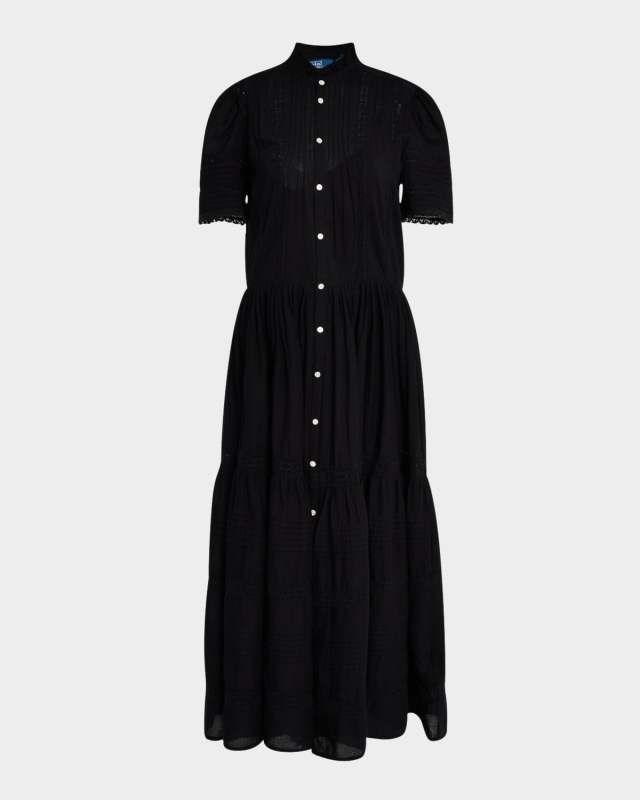 Pleated Lace-Trim Cotton Voile Midi Dress