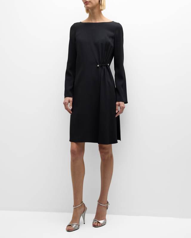 Gathered Bateau-Neck Satin Midi Shift Dress