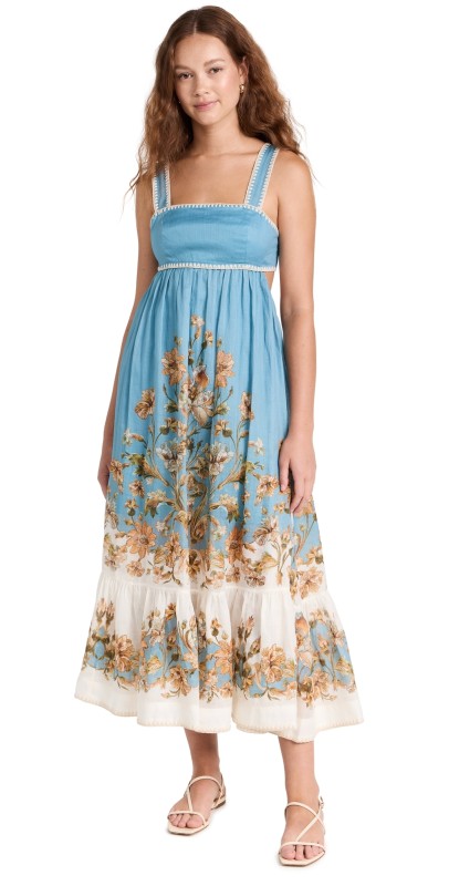 Zimmermann Chintz Tiered Midi Dress Blue Daisy Floral