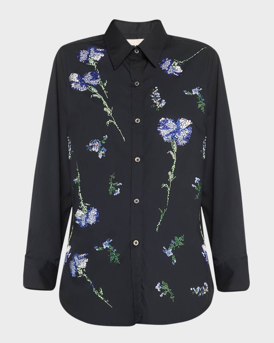 Cecil Beaton Button-Front Shirt with Blue Carnation Crystal Detai