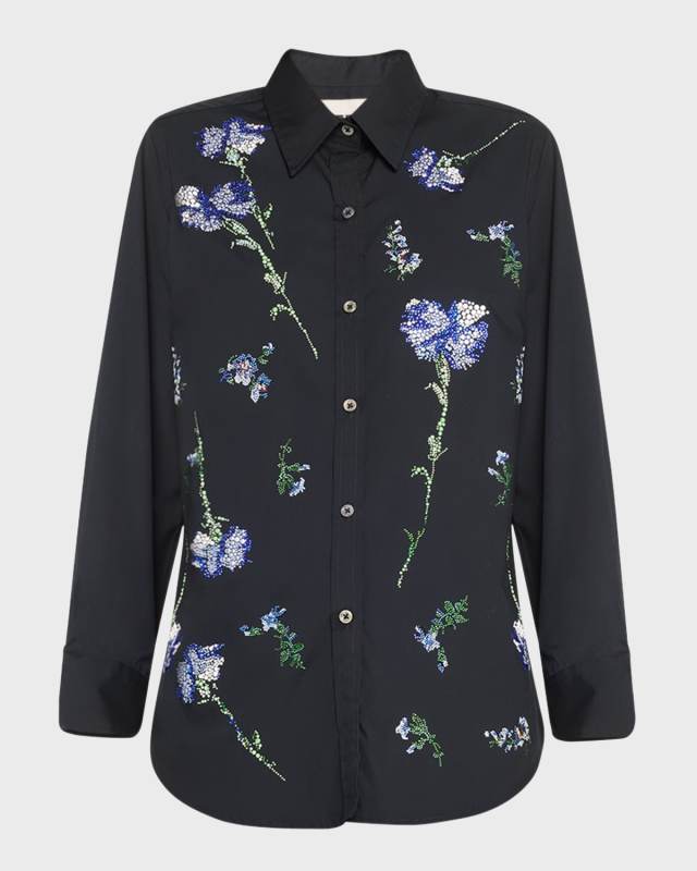 Cecil Beaton Button-Front Shirt with Blue Carnation Crystal Detai