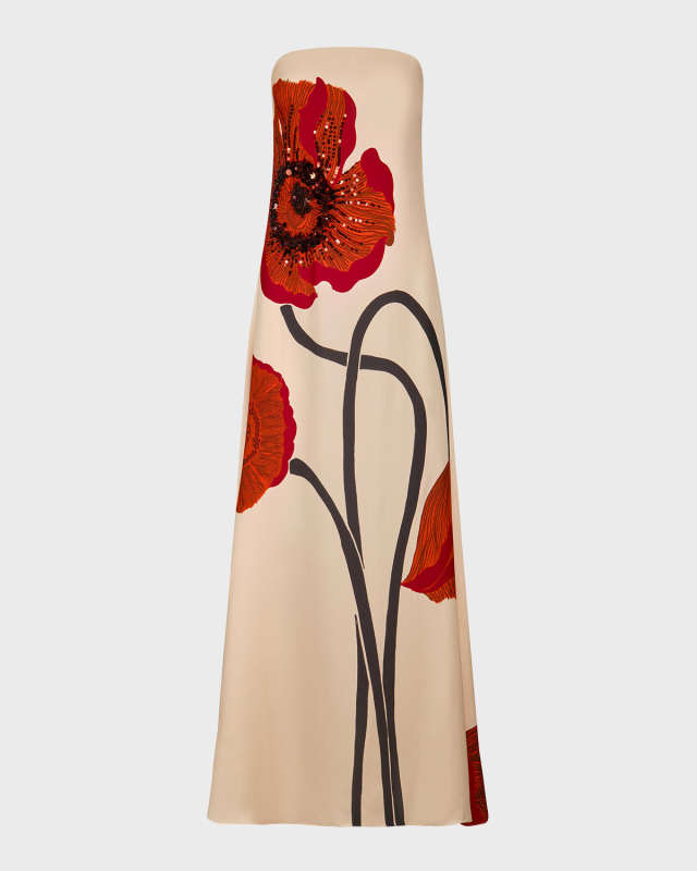 Strapless Red Petals Embellished Maxi Dress