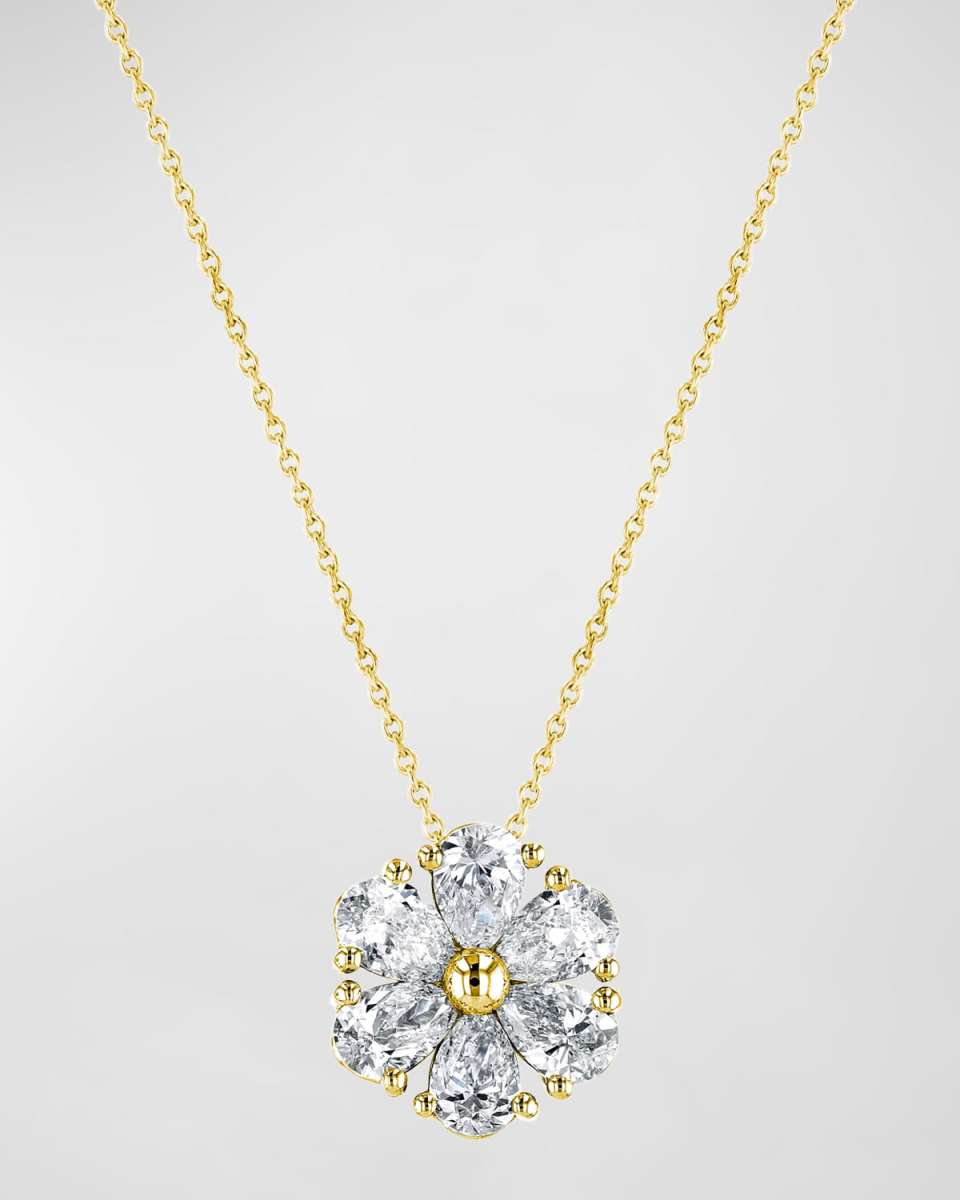 18K Gold Pear-Shaped Diamond Floral Pendant 16" Necklace, 1.20tcw