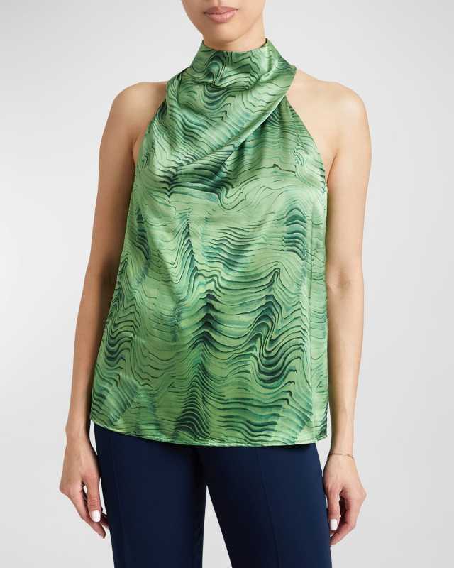 Darcy Sleeveless Mock-Neck Swirl-Print Blouse