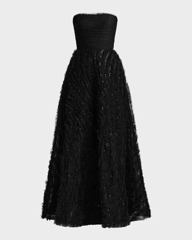 Strapless Sequin Ruffle Gown