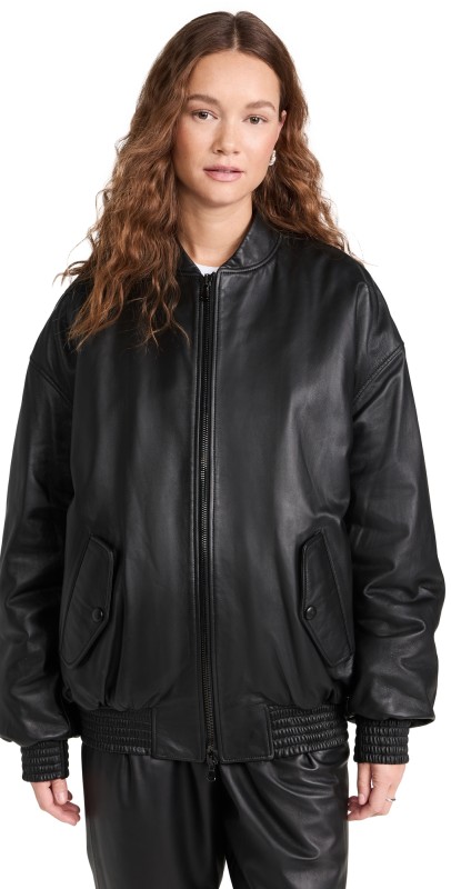 WARDROBE. NYC Leather Bomber Jacket Black