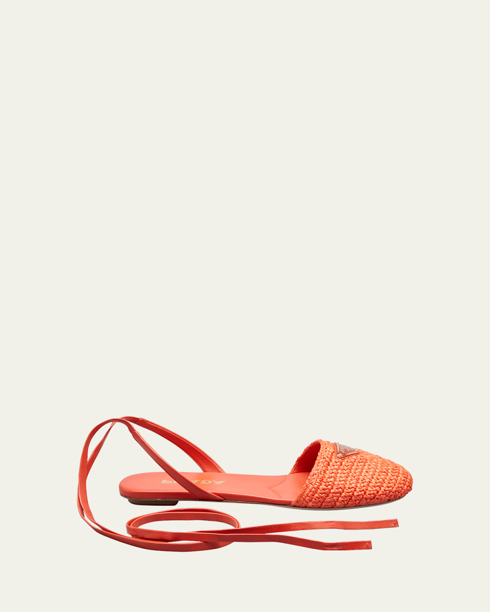 Triangle Logo Raffia Ankle-Wrap Flats