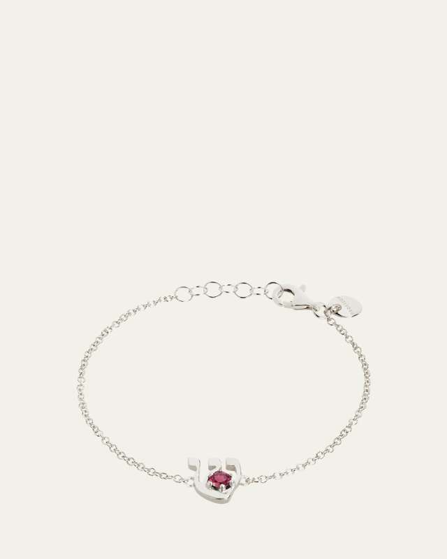 18K Gold Hebrew SHIN Ruby Initial Bracelet, 6.7"L